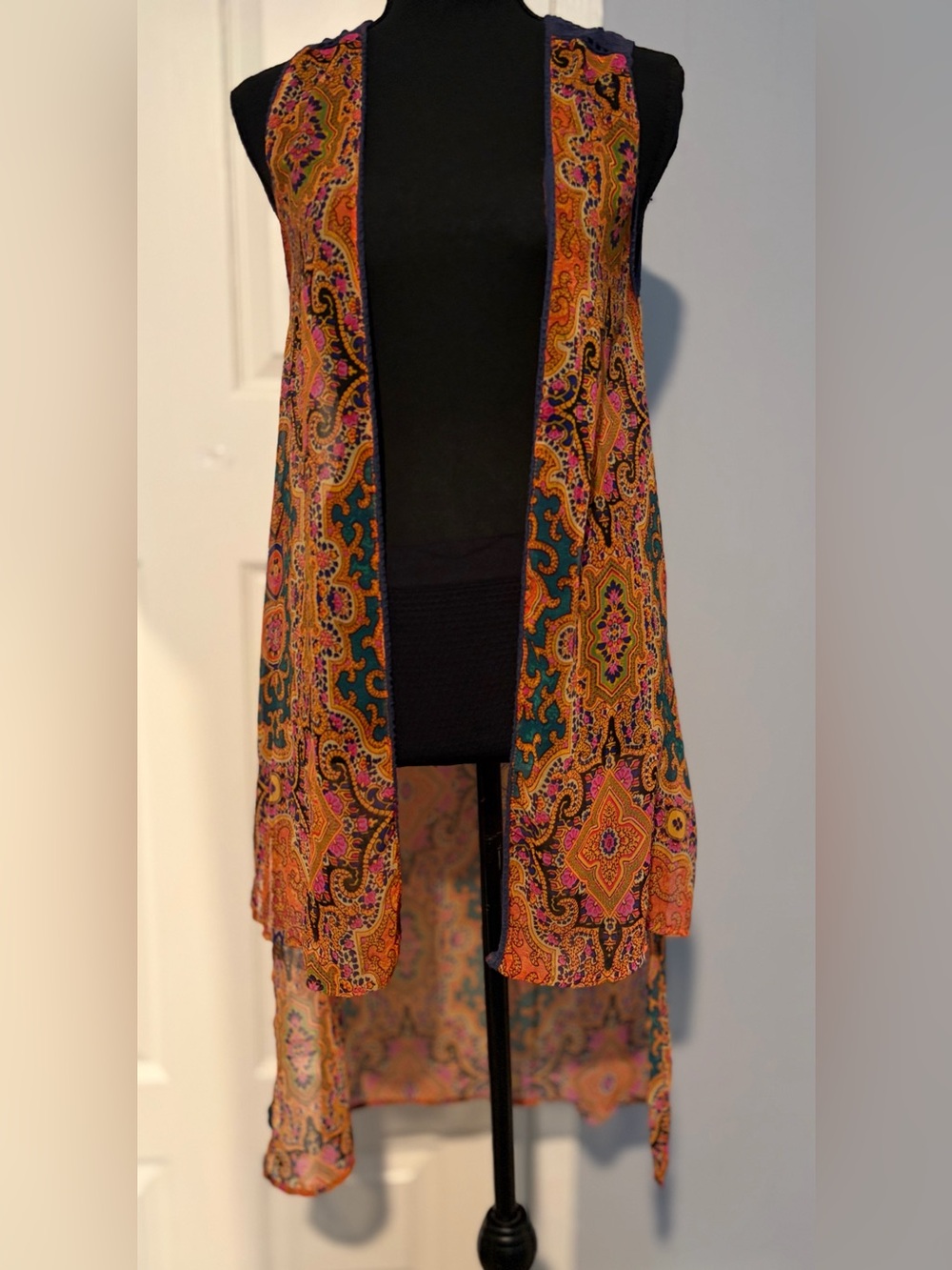 Vanilla Star Teal, Orange & Pink Paisley Sheer Duster Vest Size S